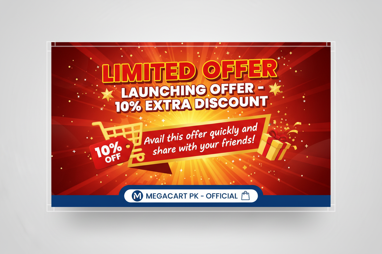 AB EK IMAGE BNAO JISME LIKHO YEH LIMITED OFFER HA LAUNCHING OFFER 10% EXTRA DISCOUNT WALI ISKO JALDI AVAIL KREIN OR  APNE FRIENDS KE SATH SHARE BHI KREIN OR SATH MEGACART PK BUI LIKHO OFFICAL HEADING